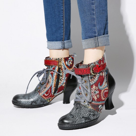 Embossed Splicing Tribal Pattern Buckle Deco Lace-up Zipper Warm Lined Ankle Boots Embossed Splicing Tribal Pattern Buckle Deco Lace-up Zipper Warm Lined Ankle Boots