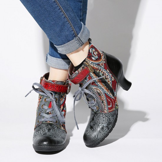 Embossed Splicing Tribal Pattern Buckle Deco Lace-up Zipper Warm Lined Ankle Boots Embossed Splicing Tribal Pattern Buckle Deco Lace-up Zipper Warm Lined Ankle Boots