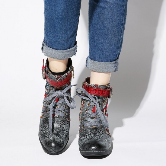 Embossed Splicing Tribal Pattern Buckle Deco Lace-up Zipper Warm Lined Ankle Boots Embossed Splicing Tribal Pattern Buckle Deco Lace-up Zipper Warm Lined Ankle Boots