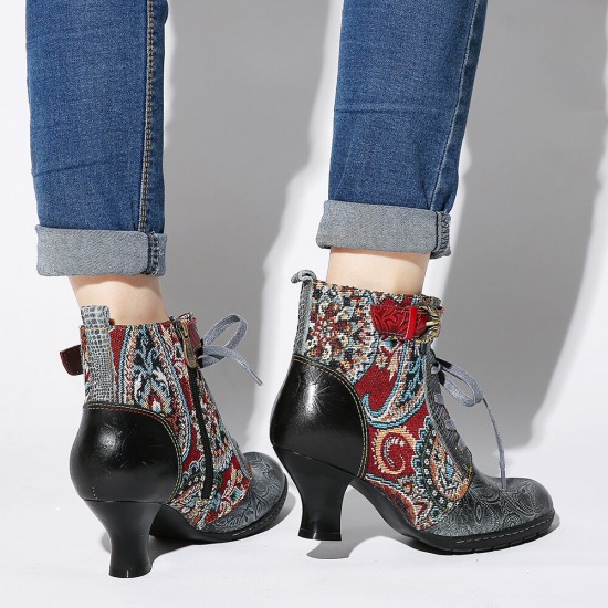 Embossed Splicing Tribal Pattern Buckle Deco Lace-up Zipper Warm Lined Ankle Boots Embossed Splicing Tribal Pattern Buckle Deco Lace-up Zipper Warm Lined Ankle Boots
