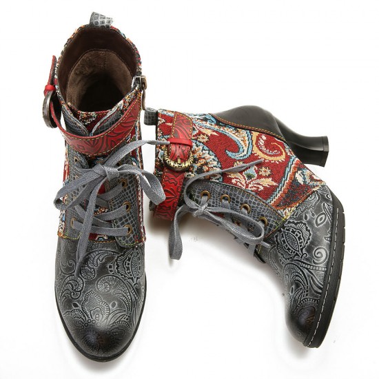 Embossed Splicing Tribal Pattern Buckle Deco Lace-up Zipper Warm Lined Ankle Boots Embossed Splicing Tribal Pattern Buckle Deco Lace-up Zipper Warm Lined Ankle Boots