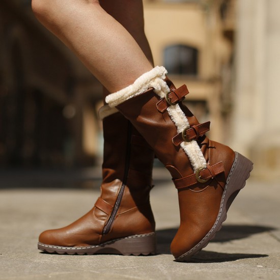 Women Plush Lining Buckle Decor Mid Calf Motorcycle Boots Women Plush Lining Buckle Decor Mid Calf Motorcycle Boots