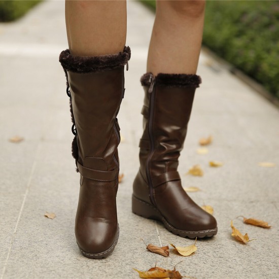 Women Plush Lining Buckle Decor Mid Calf Motorcycle Boots Women Plush Lining Buckle Decor Mid Calf Motorcycle Boots