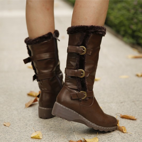 Women Plush Lining Buckle Decor Mid Calf Motorcycle Boots Women Plush Lining Buckle Decor Mid Calf Motorcycle Boots