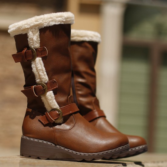 Women Plush Lining Buckle Decor Mid Calf Motorcycle Boots Women Plush Lining Buckle Decor Mid Calf Motorcycle Boots