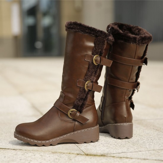Women Plush Lining Buckle Decor Mid Calf Motorcycle Boots Women Plush Lining Buckle Decor Mid Calf Motorcycle Boots