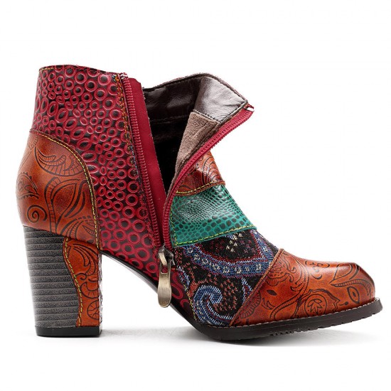 Splicing Pattern Button Zipper Ankle Leather Boots Splicing Pattern Button Zipper Ankle Leather Boots