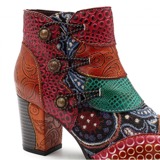 Splicing Pattern Button Zipper Ankle Leather Boots Splicing Pattern Button Zipper Ankle Leather Boots