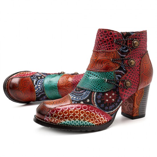 Splicing Pattern Button Zipper Ankle Leather Boots Splicing Pattern Button Zipper Ankle Leather Boots
