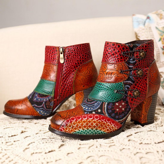 Splicing Pattern Button Zipper Ankle Leather Boots Splicing Pattern Button Zipper Ankle Leather Boots