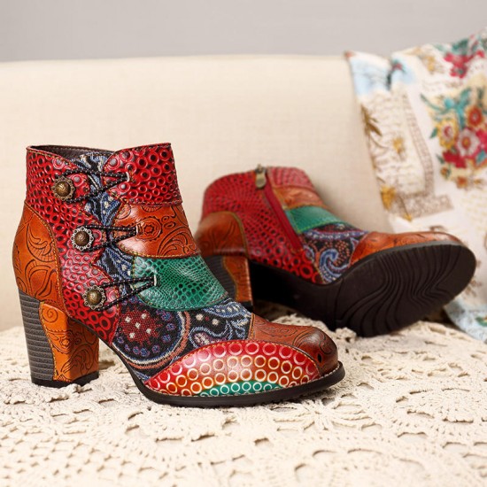 Splicing Pattern Button Zipper Ankle Leather Boots Splicing Pattern Button Zipper Ankle Leather Boots