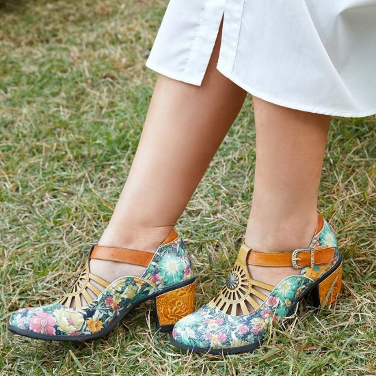 Genuine Leather Retro Floral Hook & Loop Comfy T-strap Heels Genuine Leather Retro Floral Hook & Loop Comfy T-strap Heels