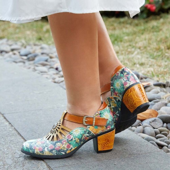 Genuine Leather Retro Floral Hook & Loop Comfy T-strap Heels Genuine Leather Retro Floral Hook & Loop Comfy T-strap Heels