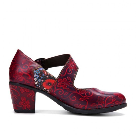 Women Retro Floral Printing Leather Comfy Round Toe Soft Sole Chunky Heels Women Retro Floral Printing Leather Comfy Round Toe Soft Sole Chunky Heels