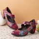 Women Retro Floral Printing Leather Comfy Round Toe Soft Sole Chunky Heels Women Retro Floral Printing Leather Comfy Round Toe Soft Sole Chunky Heels