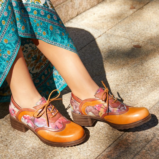 Genuine Leather Retro Floral Lace-up Comfy Round Toe Oxfords Heels Genuine Leather Retro Floral Lace-up Comfy Round Toe Oxfords Heels