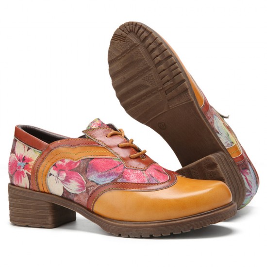 Genuine Leather Retro Floral Lace-up Comfy Round Toe Oxfords Heels Genuine Leather Retro Floral Lace-up Comfy Round Toe Oxfords Heels