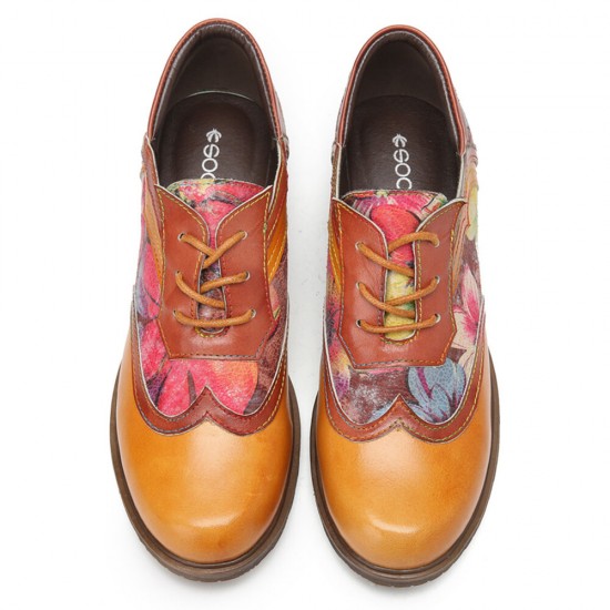 Genuine Leather Retro Floral Lace-up Comfy Round Toe Oxfords Heels Genuine Leather Retro Floral Lace-up Comfy Round Toe Oxfords Heels