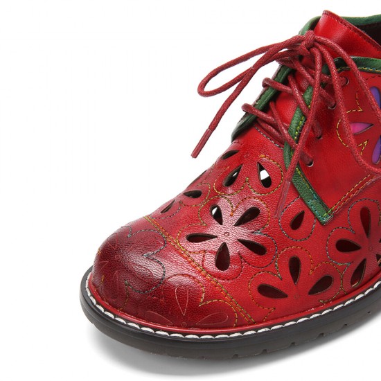 Genuine Leather Retro Comfy Breathable Hollow Lace-up Low Heel Oxfords Shoes Genuine Leather Retro Comfy Breathable Hollow Lace-up Low Heel Oxfords Shoes