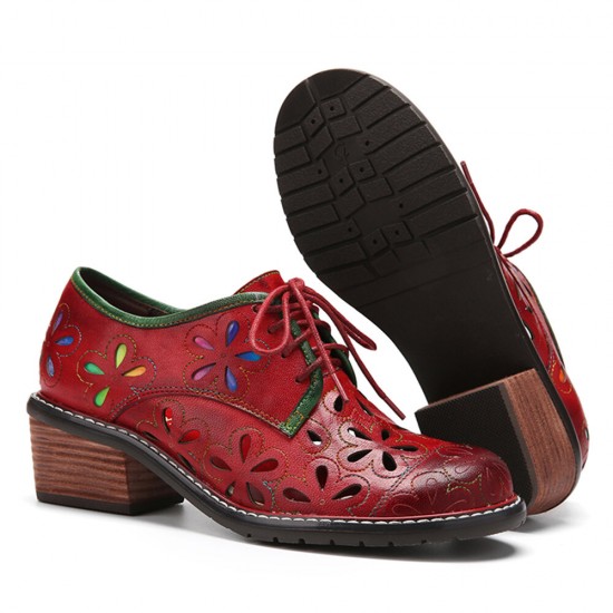 Genuine Leather Retro Comfy Breathable Hollow Lace-up Low Heel Oxfords Shoes Genuine Leather Retro Comfy Breathable Hollow Lace-up Low Heel Oxfords Shoes