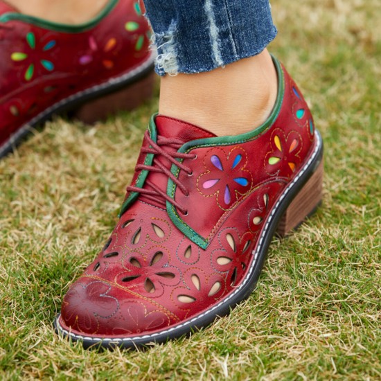 Genuine Leather Retro Comfy Breathable Hollow Lace-up Low Heel Oxfords Shoes Genuine Leather Retro Comfy Breathable Hollow Lace-up Low Heel Oxfords Shoes