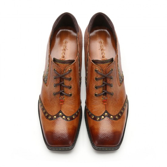 Genuine Leather Comfy Lace-up Retro Square Toe Oxfords Heels Genuine Leather Comfy Lace-up Retro Square Toe Oxfords Heels