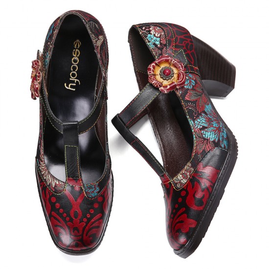 Retro Florals Embroidery Flowers Leather Low Heel T-strap Hook Loop Pumps Retro Florals Embroidery Flowers Leather Low Heel T-strap Hook Loop Pumps