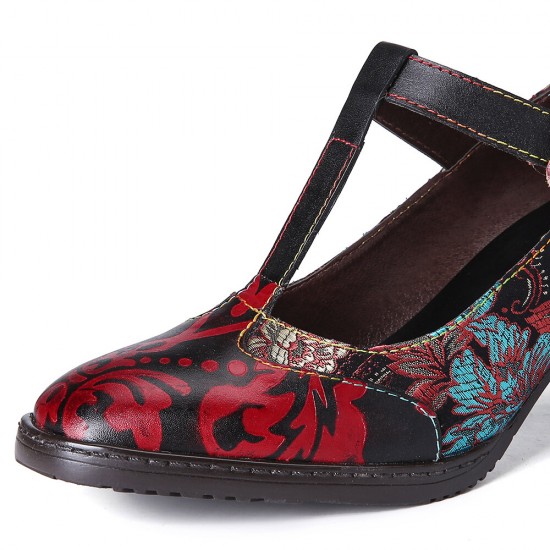 Retro Florals Embroidery Flowers Leather Low Heel T-strap Hook Loop Pumps Retro Florals Embroidery Flowers Leather Low Heel T-strap Hook Loop Pumps