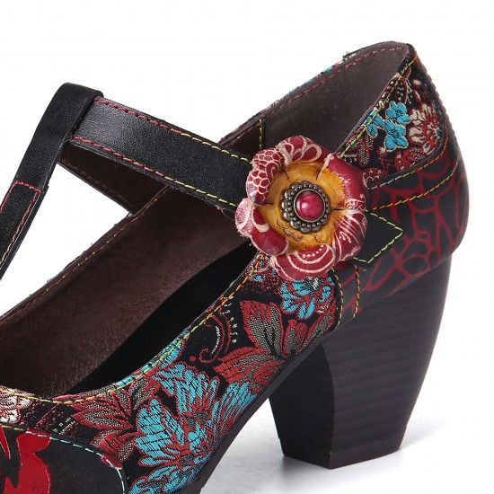 Retro Florals Embroidery Flowers Leather Low Heel T-strap Hook Loop Pumps Retro Florals Embroidery Flowers Leather Low Heel T-strap Hook Loop Pumps