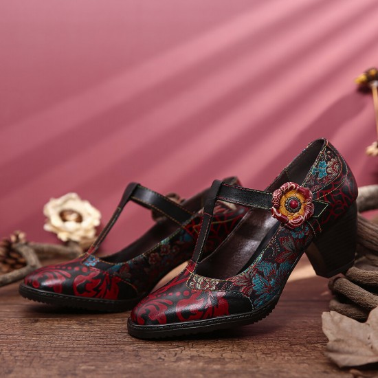 Retro Florals Embroidery Flowers Leather Low Heel T-strap Hook Loop Pumps Retro Florals Embroidery Flowers Leather Low Heel T-strap Hook Loop Pumps