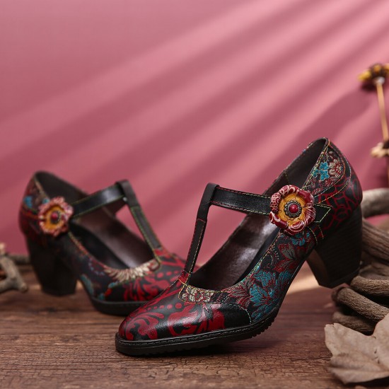 Retro Florals Embroidery Flowers Leather Low Heel T-strap Hook Loop Pumps Retro Florals Embroidery Flowers Leather Low Heel T-strap Hook Loop Pumps