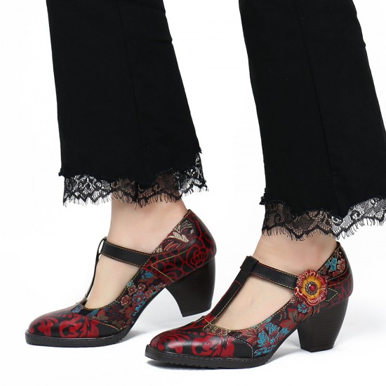 Retro Florals Embroidery Flowers Leather Low Heel T-strap Hook Loop Pumps Retro Florals Embroidery Flowers Leather Low Heel T-strap Hook Loop Pumps