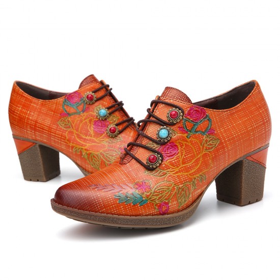 Leather Plaid Beaded Floral Elastic Strings Block Heel Pumps Dress Shoes Leather Plaid Beaded Floral Elastic Strings Block Heel Pumps Dress Shoes