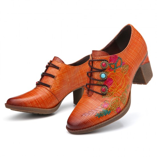Leather Plaid Beaded Floral Elastic Strings Block Heel Pumps Dress Shoes Leather Plaid Beaded Floral Elastic Strings Block Heel Pumps Dress Shoes