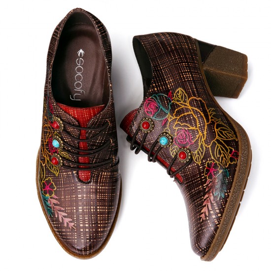 Leather Plaid Beaded Floral Elastic Strings Block Heel Pumps Dress Shoes Leather Plaid Beaded Floral Elastic Strings Block Heel Pumps Dress Shoes