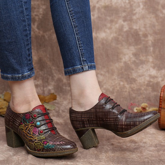 Leather Plaid Beaded Floral Elastic Strings Block Heel Pumps Dress Shoes Leather Plaid Beaded Floral Elastic Strings Block Heel Pumps Dress Shoes