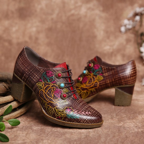 Leather Plaid Beaded Floral Elastic Strings Block Heel Pumps Dress Shoes Leather Plaid Beaded Floral Elastic Strings Block Heel Pumps Dress Shoes