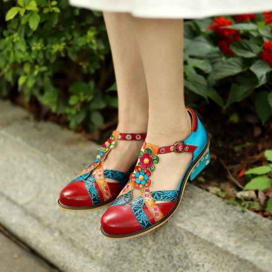 Genuine Leather Comfy Hook & Loop Retro Ethnic Low Heel Floral T-Strap Shoes Genuine Leather Comfy Hook & Loop Retro Ethnic Low Heel Floral T-Strap Shoes