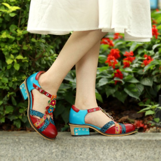 Genuine Leather Comfy Hook & Loop Retro Ethnic Low Heel Floral T-Strap Shoes Genuine Leather Comfy Hook & Loop Retro Ethnic Low Heel Floral T-Strap Shoes
