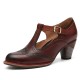 Genuine Leather Hook & Loop Comfy Retro Brown T-strap Heels Genuine Leather Hook & Loop Comfy Retro Brown T-strap Heels