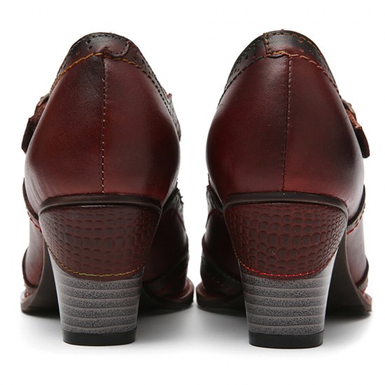 Genuine Leather Hook & Loop Comfy Retro Brown T-strap Heels Genuine Leather Hook & Loop Comfy Retro Brown T-strap Heels