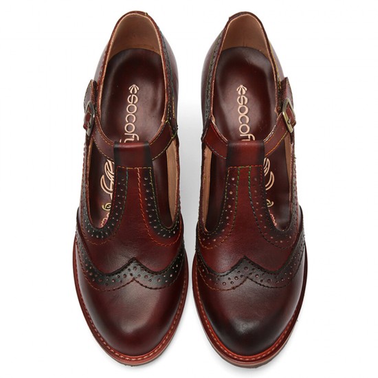 Genuine Leather Hook & Loop Comfy Retro Brown T-strap Heels Genuine Leather Hook & Loop Comfy Retro Brown T-strap Heels