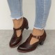 Genuine Leather Hook & Loop Comfy Retro Brown T-strap Heels Genuine Leather Hook & Loop Comfy Retro Brown T-strap Heels