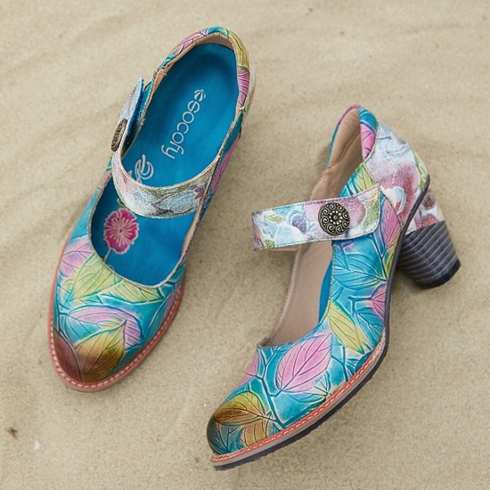 Genuine Leather Hook & Loop Leaf Painted Comfy Mary Jane Heels Genuine Leather Hook & Loop Leaf Painted Comfy Mary Jane Heels