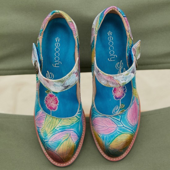 Genuine Leather Hook & Loop Leaf Painted Comfy Mary Jane Heels Genuine Leather Hook & Loop Leaf Painted Comfy Mary Jane Heels