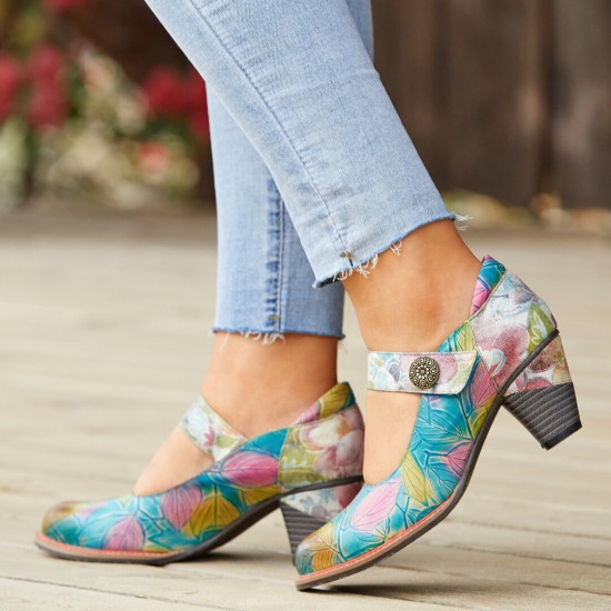 Genuine Leather Hook & Loop Leaf Painted Comfy Mary Jane Heels Genuine Leather Hook & Loop Leaf Painted Comfy Mary Jane Heels