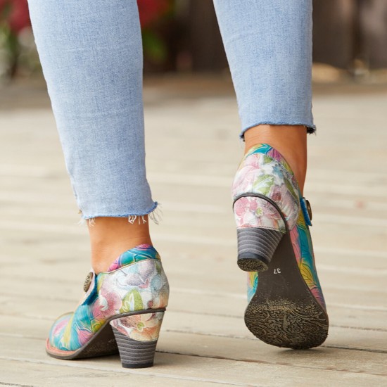 Genuine Leather Hook & Loop Leaf Painted Comfy Mary Jane Heels Genuine Leather Hook & Loop Leaf Painted Comfy Mary Jane Heels