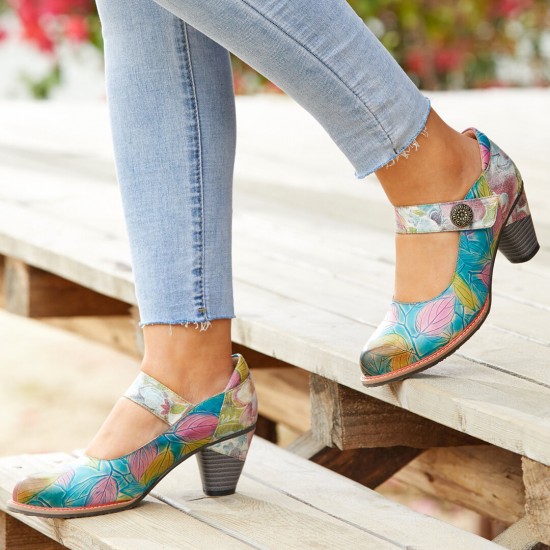 Genuine Leather Hook & Loop Leaf Painted Comfy Mary Jane Heels Genuine Leather Hook & Loop Leaf Painted Comfy Mary Jane Heels