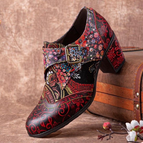 Women Retro Floral Printing Leather Soft Round Toe Sculpted Chunky Heels Women Retro Floral Printing Leather Soft Round Toe Sculpted Chunky Heels