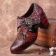 Women Retro Floral Printing Leather Soft Round Toe Sculpted Chunky Heels Women Retro Floral Printing Leather Soft Round Toe Sculpted Chunky Heels